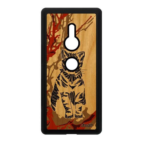 Coque bois chat Sony Xperia XZ2 silicone noir animal azteque chaton tribal art a