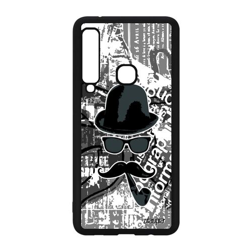 Coque moustache Samsung Galaxy A9 2018 silicone chapeau melon noir et blanc gris