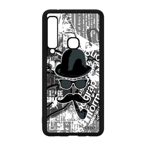 Coque Moustache Samsung Galaxy A9 2018 Silicone Chapeau Melon Noir Et Blanc Gris