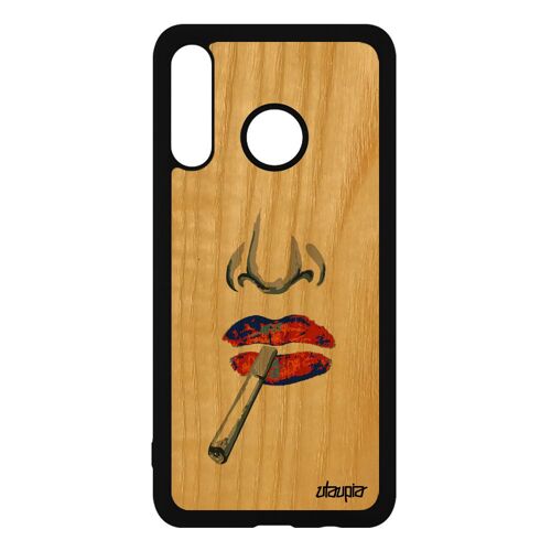 Coque bois silicone Huawei P30 Lite portrait etui antichoc levre motif jaune 4G