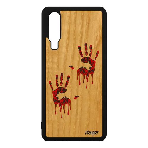Coque pour Huawei P30 bois silicone empreinte main zombie horreur original noir