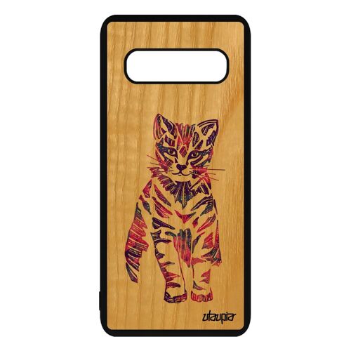 Coque Bois Galaxy S10 Plus Silicone Chat Chaton Azteque Multicolore S10+ Samsung Galaxy S10 Plus