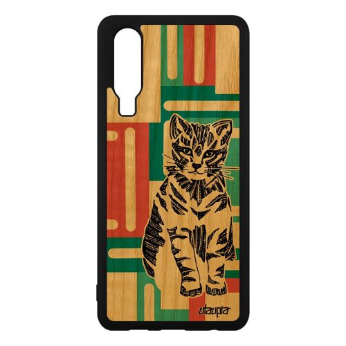 Coque bois pour P30 silicone chat felin Vert carré fantaisie telephone de Huawei P30