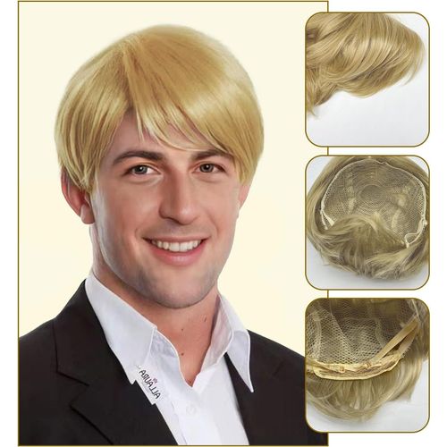 Kalanka-Court Perruque Blond Pour Hommes, Naturel Couche Perruque Avec Frange Synthétiques Homme Cheveux Court Perruque Cosplay, Blonde Perruques Pour Hommes Halloween Costume Fête Quotidien (Blond)