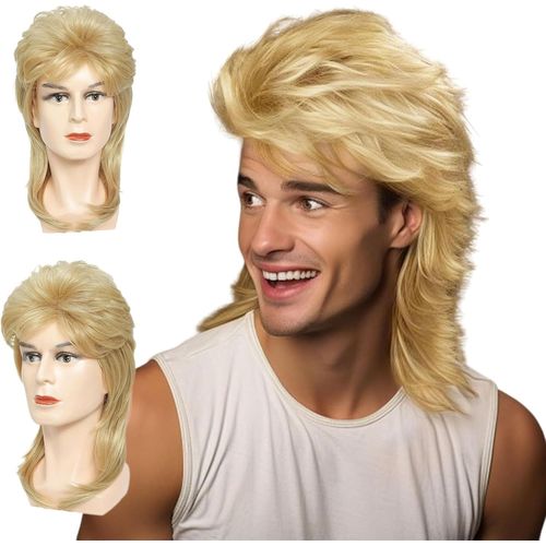 Kalanka-Perruque Mulet Homme Blond, Homme Perruque Des Années 80, Longue Bouclée Perruque De Cheveux, Années 90s Déguisement Perruque Homme, Cosplay Party Perruque Pour Carnaval Halloween (Blonde)