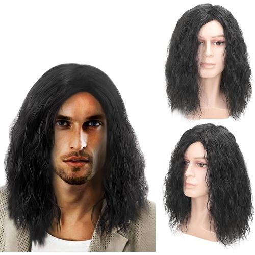 Kalanka-Perruque Longue Ondulées Noir Pour Hommes Fête Ou Usage Quotidien Postiche, Punk Popstar Noir Perruque Hommes Partie Centrale Perruques De Cheveux Pour Halloween Carnaval Déguisement (Noir)