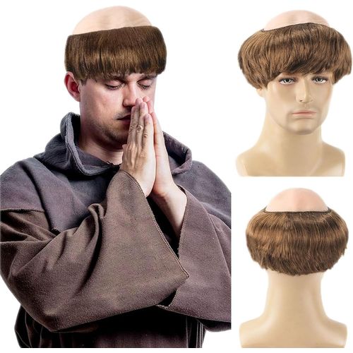 Kalanka-Perruque Brun Bonnet Chauve En Latex, Hommes Perruque Moine Casquette Chauve, Prêtre Déguisement Accessoires Fête Adultes Vieux Papi Cosplay Maquillage Carnaval Halloween (Brun Clair)