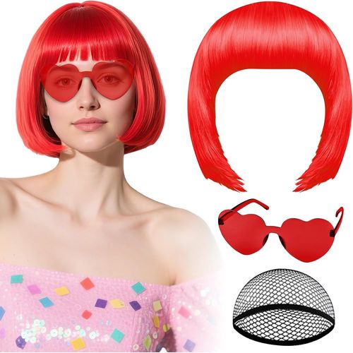 Kalanka-Perruque Rouge Avec Lunettes De Soleil En Forme De C?ur Et Bonnet Pour Femme, Perruque Courte Synthétique Colorée Plulon, Postiche Humoristique Pour Cosplay, Déguisement D'halloween