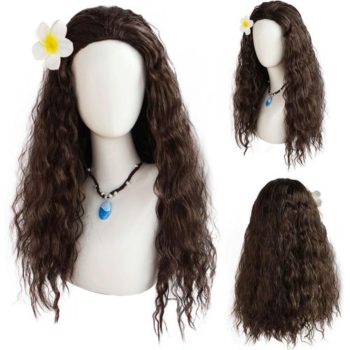 Kalanka-Princesse Perruques Avec Fleur, Fille Déguisement Princesse Accessoires Perruques Cosplay Fête, Longue Brun Bouclée Perruque Pour Femme Fille Déguisement Fancy Dress Halloween Carnaval (Brun)