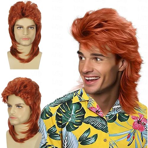 Kalanka-Perruque Mulet Homme Rouge, Homme Perruque Des Années 80, Longue Bouclée Perruque De Cheveux, 90s Déguisement Perruque Homme, Cosplay Party Rock Perruque Pour Carnaval Halloween (Rouge)