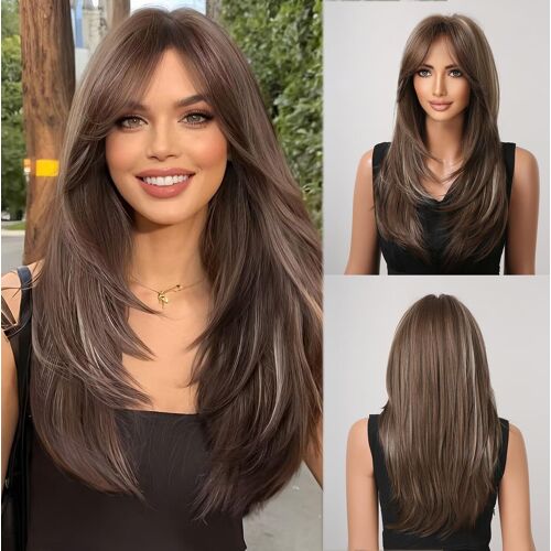 Perruque Brune Avec Mèches Blondes Longue Et Droite Avec Franges Rideaux Perruques À Cheveux Synthétiques Superposés Pour Femmes Pour Un Usage Quotidien 