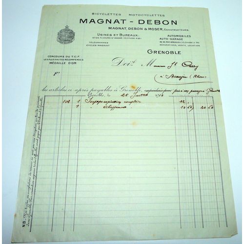 Facture Magnat-Debon Grenoble Le 26 Janvier 1910