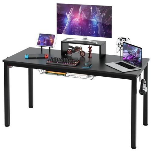 Costway Bureau Gaming / Table Pour Gamer 140 X 60 X 74 Cm (L X L X H) - Etagère Pour Ecran, Support Pour Tablette,Crochet Casque