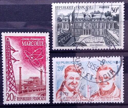 Elysée 30f Vert (N° 1192) + Réalisations Techniques - Centre Atomique De Marcoule 20f (N° 1204) + Pilotes D'essai Goujon Et Rozanoff 20f (N° 1213) Obl - France Année 1959 - N14785