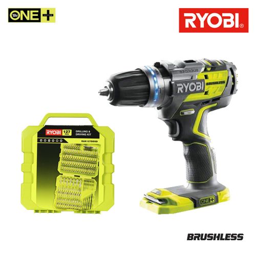 Pack RYOBI Perceuse-visseuse à percussion Brushless 18V One+ R18PDBL-0 - coffret 127 accessoires de vissage perçage RAK127DDSD