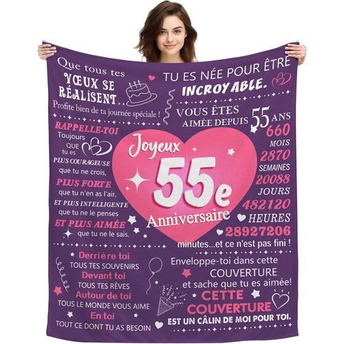 Tianyi-Original 55 Ans Femme Cadeau Plaid Couverture Cadeau D'anniversaire Pour 55ème Mamie Amie Maman Copine Épouse Anniversaire Cadeau Idée Canapé Couverture De Sieste Couverture De Châle (55)