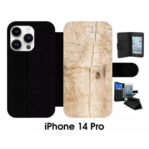 Etui À Rabat Pour Iphone 14 Pro - Bois - Simili-Cuir - Noir