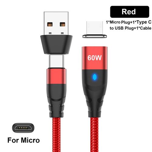 Câble de charge rapide magnétique USB C vers VopeC pour iPhone et Samsung,cordon de transfert de données avec aimant,adaptateur USB A,60W-1m-Red for Micro