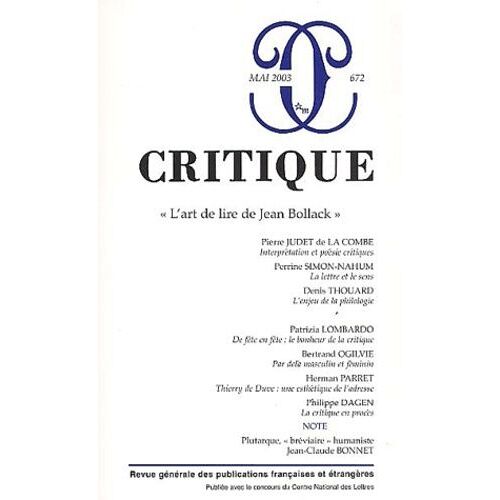 Critique N° 672 Mai 2003 : L'art De Lire Jean Bollack