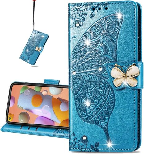 Phone for Huawei Y6P Coque Diamant Svelte PU Bling Crystal Papillon en Relief Protecteur Flip Housse pour Huawei Y6P Diamond Butterfly Blue SD