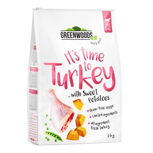3x3kg Greenwoods Dinde, Patates Douces, Petits Pois, Potiron - Croquettes Pour Chat