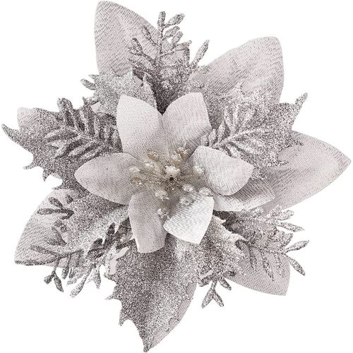 15 Pcs 14CM Fleurs Artificielles Poinsettia Décorations d'arbre de Noël pour Noël Mariage Fête Couronne Bricolage Décoration(Argent)
