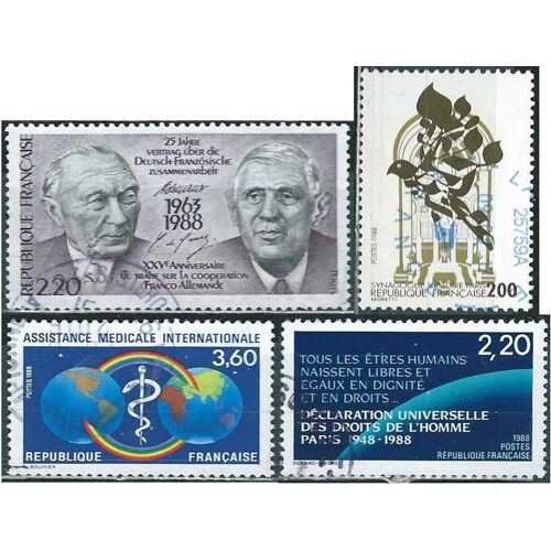 France 1988, Beaux Timbres Yvert 2501 Coopération Franco Allemande, Adenauer Et General De Gaulle, 2516 Synagogue La Victoire Paris, 2535 Assist. Médicale 2559 Déclaration Droits De L'homme, Obli, Tbe