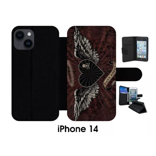 Etui À Rabat Iphone 14 - Gothique Dark Angel Tetes De Mort - Simili-Cuir - Noir
