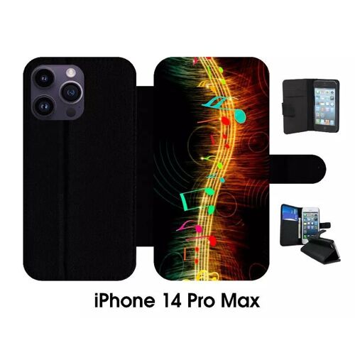 Etui À Rabat Iphone 14 Pro Max - Musique Note Multicolor - Simili-Cuir - Noir