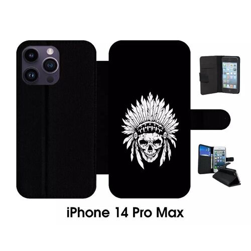 Etui À Rabat Iphone 14 Pro Max - Tete De Mort Coiffe Indienne Noir Et Blanc - Simili-Cuir - Noir