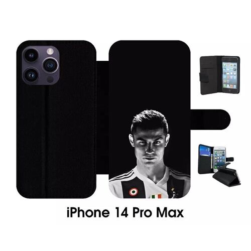 Etui À Rabat Iphone 14 Pro Max - Ronaldo Juventus Foot Noir Et Blanc - Simili-Cuir - Noir