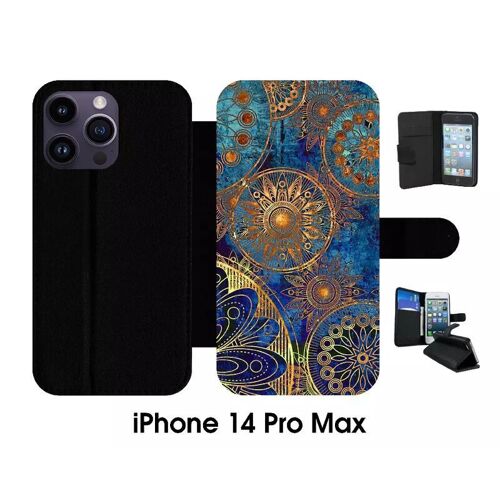 Etui À Rabat Iphone 14 Pro Max - Ornements Or Et Bleu Nuit - Simili-Cuir - Noir