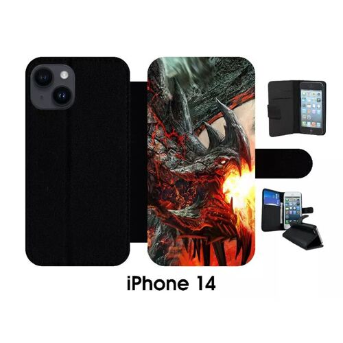 Etui À Rabat Iphone 14 - Dragon - Simili-Cuir - Noir