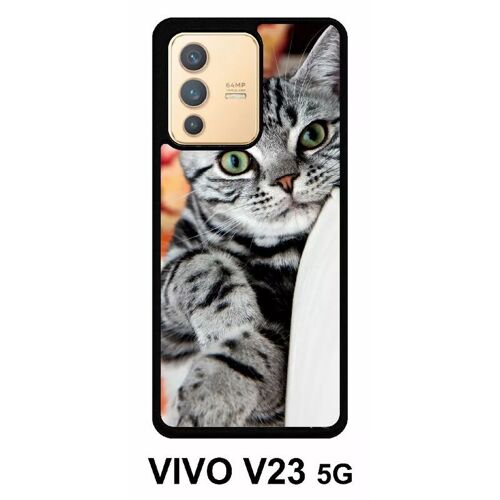 Coque Vivo V23 5g - Chat Tigré Gris Yeux Vert - Silicone - Noir