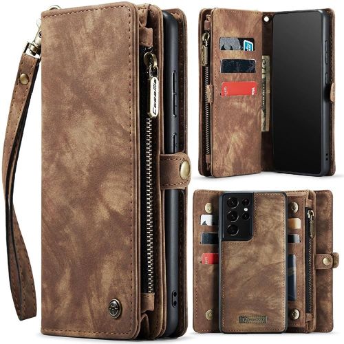 Étui Pour Samsung Galaxy S21 Ultra Titulaire De La Carte Détachable Forte Magnétique Portefeuille Couverture Trifold Avec Tpu Pc Fermeture Éclair En Cuir Fait Main - Le Brun