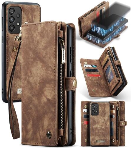 Étui Pour Samsung Galaxy A33 5g Forte Magnétique Titulaire De La Carte Détachable Portefeuille Couverture Trifold Avec Tpu Pc Fermeture Éclair En Cuir Fait Main - Le Brun
