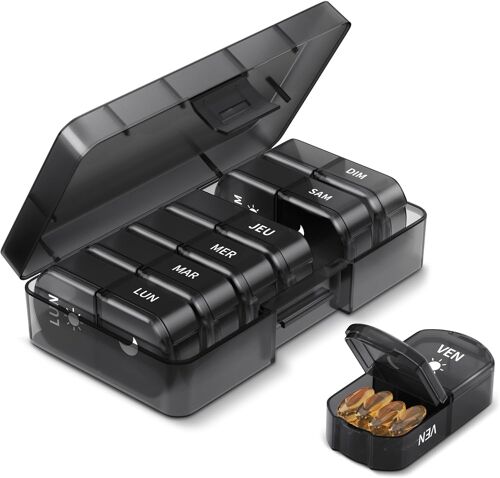 Kalanka-Pilulier Semainier Francais Matin Et Soir, Semainier Medicament 7 Jours 14 Compartiments, Grande Capacité Pour Poche Ou Pantalon, Pour Vitamines Suppléments Médicaments Voyage (Noire)