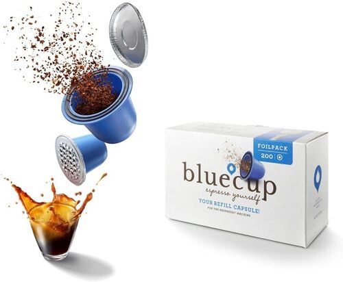 BLUECUP Capsules s Nespresso, Dosettes Rechargeables Compatibles avec les Machines Nespresso (gamme ) [200 couvercles]