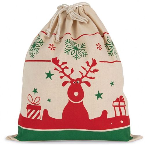 Sac en coton à cordon motifs Noël - Cadeaux - KI0735 - beige naturel