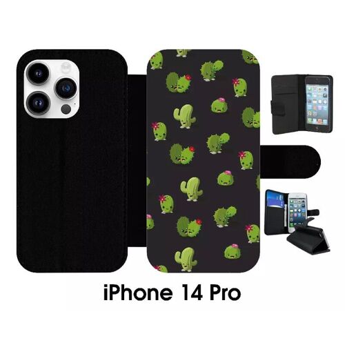 Etui À Rabat Iphone 14 Pro - Cactus Fond Noir - Simili-Cuir - Noir