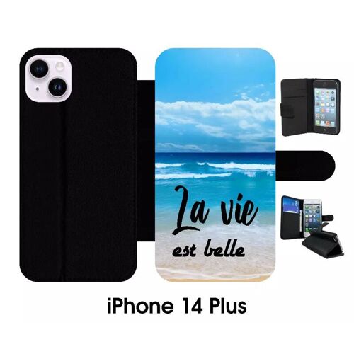 Etui À Rabat Iphone 14+ - La Vie Est Belle Fond Mer - Simili-Cuir - Noir