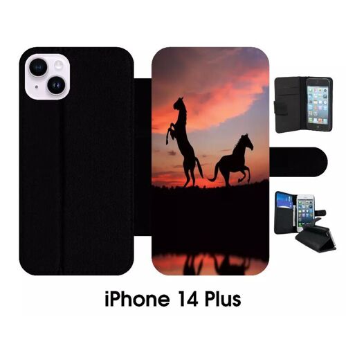 Etui À Rabat Iphone 14+ - Chevaux Coucher De Soleil - Simili-Cuir - Noir