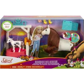 Coffret Spirit : Bain De Boomerang + Cheval Blanc Et Brun Avec Taches Et Vache Et Accessoires - Set Jouet Fille Et 1 Carte