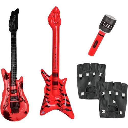 Kit de fête Punk Rock 4 pièces, Guitare Gonflable, Basse Gonflable, Gants en Cuir PU avec Rivets, Accessoires de vêtements Disco Heavy Metal des années 70, 80 et 90, Spectacles, fêtes