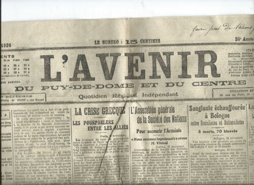 Journal L'avenir Du Puy-De-Dome Et Du Centre 23/11/1920, La Crise Grecque, En Allemagne, En Arménie