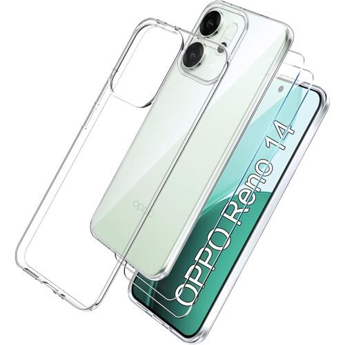 Coque Pour Oppo Reno 14 Case Avec 2 Verre Trempé Protection Écran Deux, Transparent Soft Etui Silicone Tpu Cover Housse Absorption De Choc Et Anti-Scratch Housse Étui