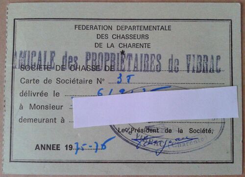 Permis De Chasse 1975-76 Fédération Départementale Des Chasseurs De La Charente