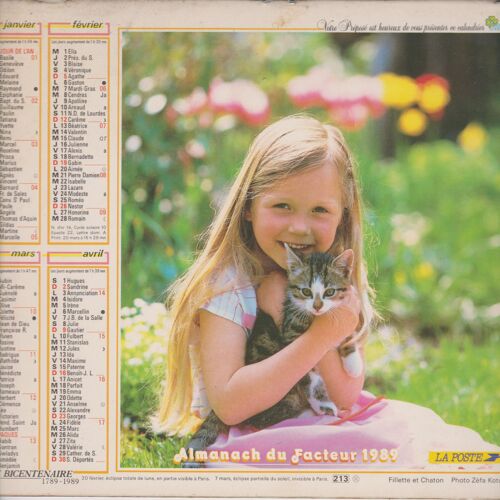 Almanach Du Facteur 1989 Oller Fillette Et Chaton / Garçon Et Caniche