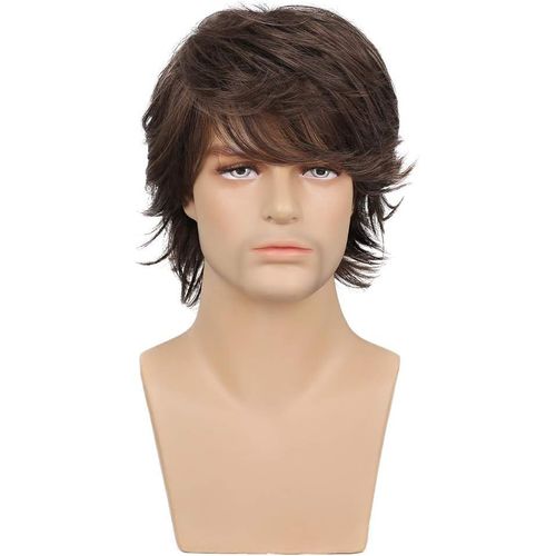Asfasfq-Perruque Brun Courte Homme Perruque De Cheveux Synthétique En Couches Avec Frange Halloween Cosplay Costume De Fête Quotidien