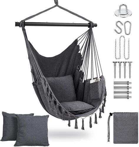 Ulteronixshop-Fauteuil Suspendu Avec 2 Coussins Siège Et Sac - Chaise Hamac Balançoire Suspendue Charge Max 330 Lbs, Fauteuil Jardin Pour Intérieur Et Extérieur Balcon Hamac Portable Poche Latérale (